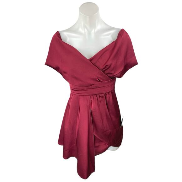 NEW Lulus Red Satin Silk Off The Shoulder Faux Wrap A Line Mini Dress Size XS - Picture 1 of 5